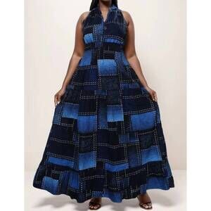 NEW KARA CHIC denim smocked maxi dress in blue